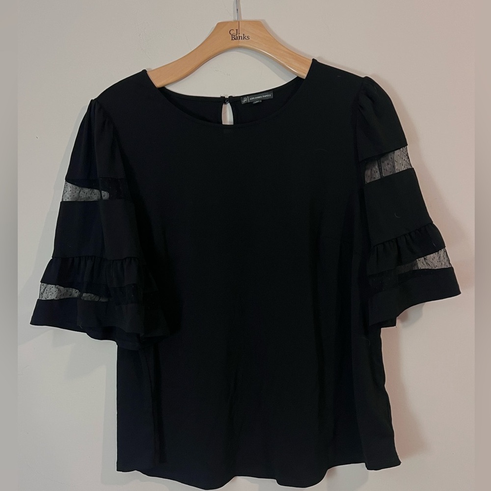 Adrianna Papell Black Sheer Ruffle Sleeve Blouse